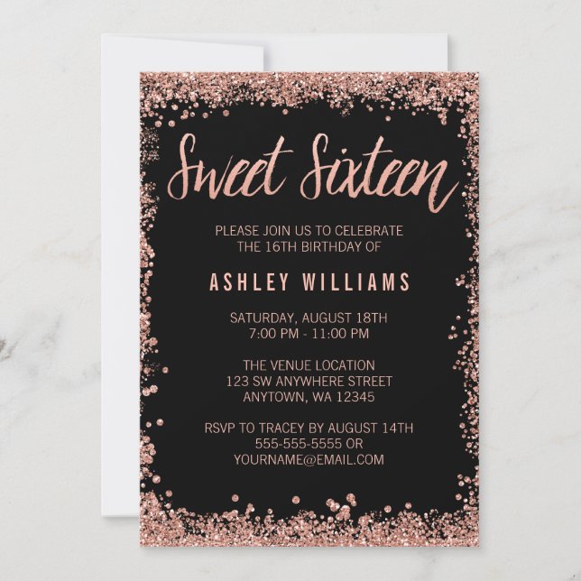 Sweet 16 Black Rose Gold Faux Glitter Birthday Invitation (Front)