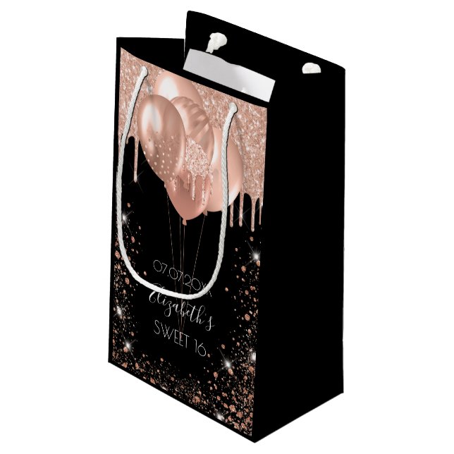 Sweet 16 black rose gold glitter balloons small gift bag (Back Angled)