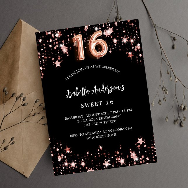 Sweet 16 black rose gold stars luxury invitation (Creator Uploaded)