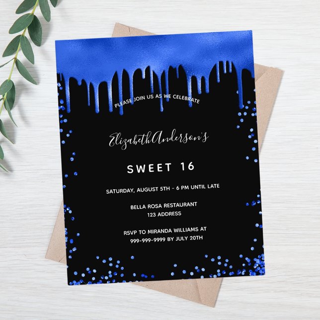 Sweet 16 black royal blue budget invitation flyer (Creator Uploaded)