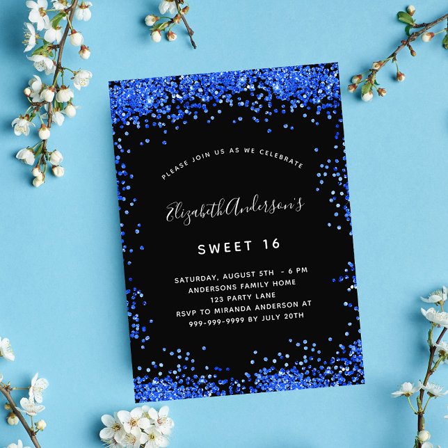Sweet 16 black royal blue sparkles invitation (Creator Uploaded)