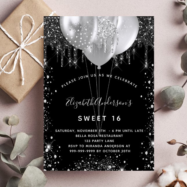 Sweet 16 black silver glitter balloons luxury invitation (Creator Uploaded)