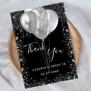 Sweet 16 black silver glitter balloons thank you card