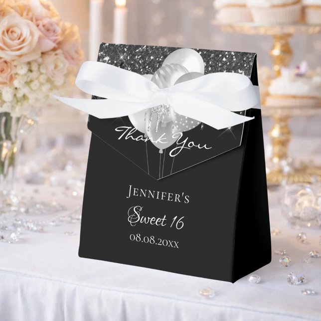 Sweet 16 black silver glitter balloons thank you favour box (Creator Uploaded)