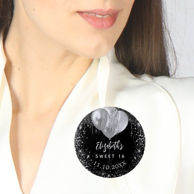 Sweet 16 black silver glitter name balloons 6 cm round badge (Creator Uploaded)