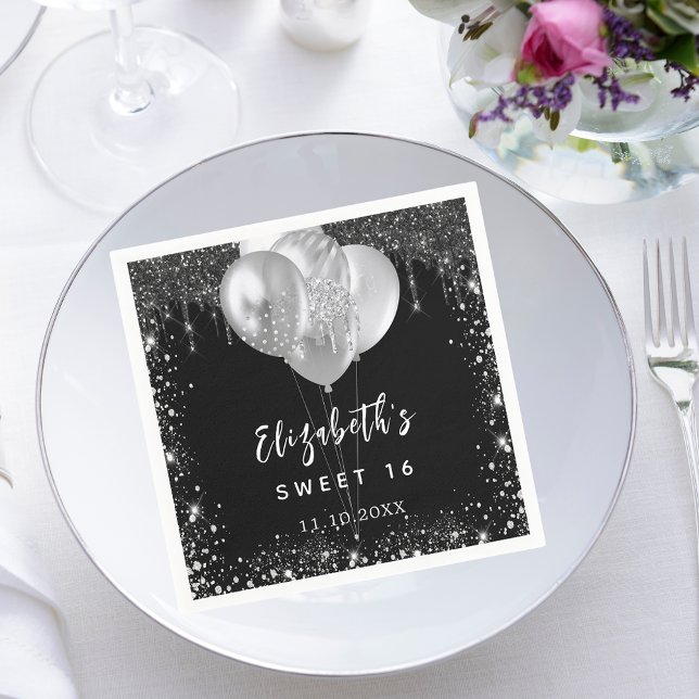 Sweet 16 black silver glitter name balloons napkin (Creator Uploaded)