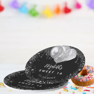 Sweet 16 black silver glitter name balloons paper plate