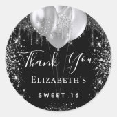 Sweet 16 black silver glitter name thank you classic round sticker (Front)