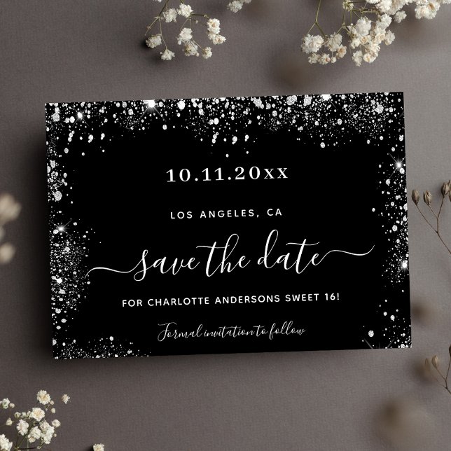 Sweet 16 black silver glitter save the date (Creator Uploaded)