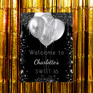 Sweet 16 black silver glitter welcome balloons poster