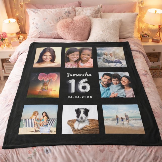 Sweet 16 black silver photo collage name fleece blanket (Creator Uploaded)