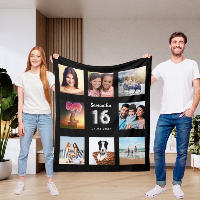 Sweet 16 black silver photo collage name fleece blanket (Creator Uploaded)