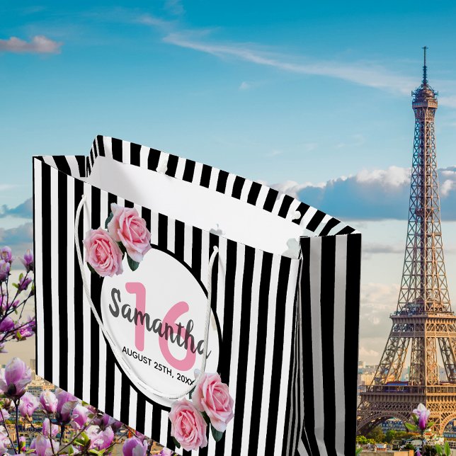 Sweet 16 black stripes pink florals name large gift bag (Creator Uploaded)