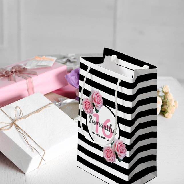 Sweet 16 black stripes pink florals name small gift bag (Creator Uploaded)