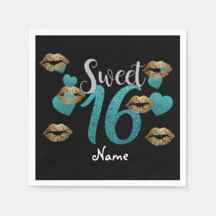 Sweet 16 Black Turquoise Gold Glitter Napkins