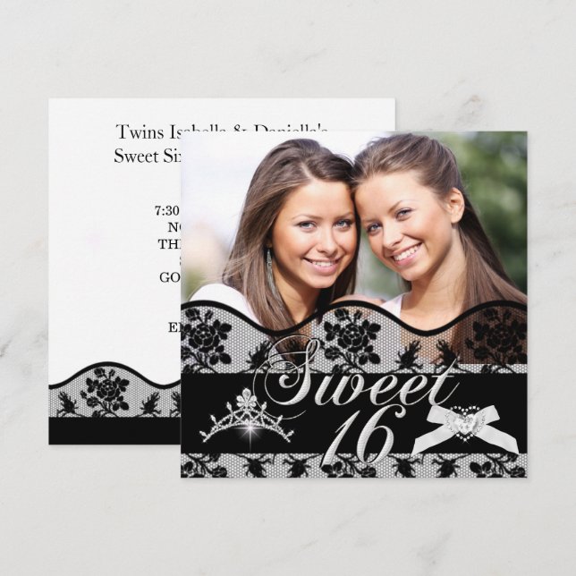 Sweet 16 Black Twins Photo Sweet Sixteen Invitation (Front/Back)