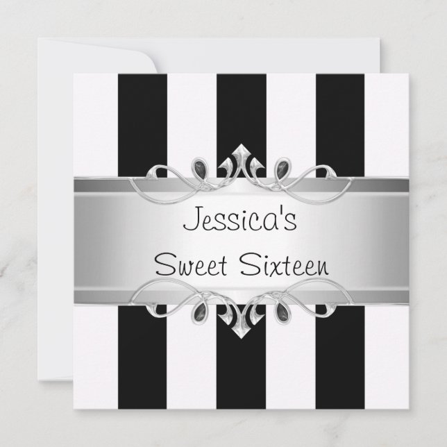 Sweet 16 Black & White Stripes Silver Jewel Party Invitation (Front)