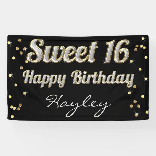 Sweet 16 Bling Typography Gold Confetti Black Banner (Horizontal)