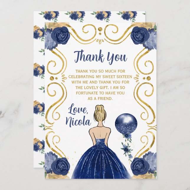 Sweet 16 Blonde Hair Princess Navy  Thank You Card (Front/Back)