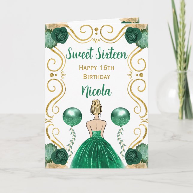 Sweet 16 Blonde Princess Green Happy Birthday Card (Front)