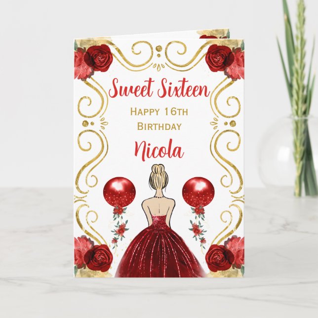 Sweet 16 Blonde Princess Red Happy Birthday Card (Front)