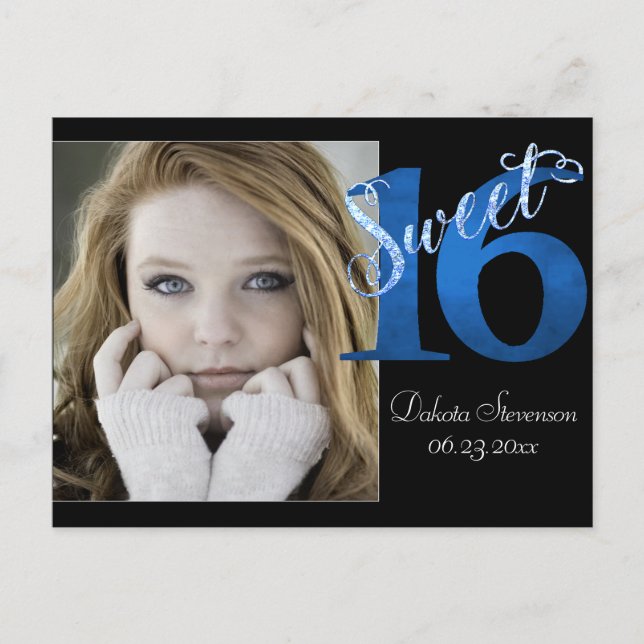 Sweet 16 | Blue 16th Birthday Photo Keepsake Invitation Postcard (Front)
