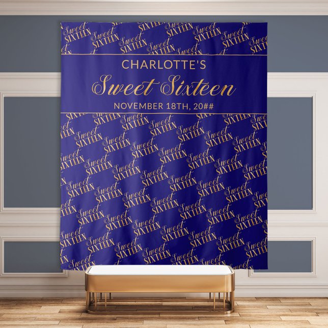Sweet 16 Blue and Gold Birthday Party Backdrop Tapestry (Creator Uploaded)