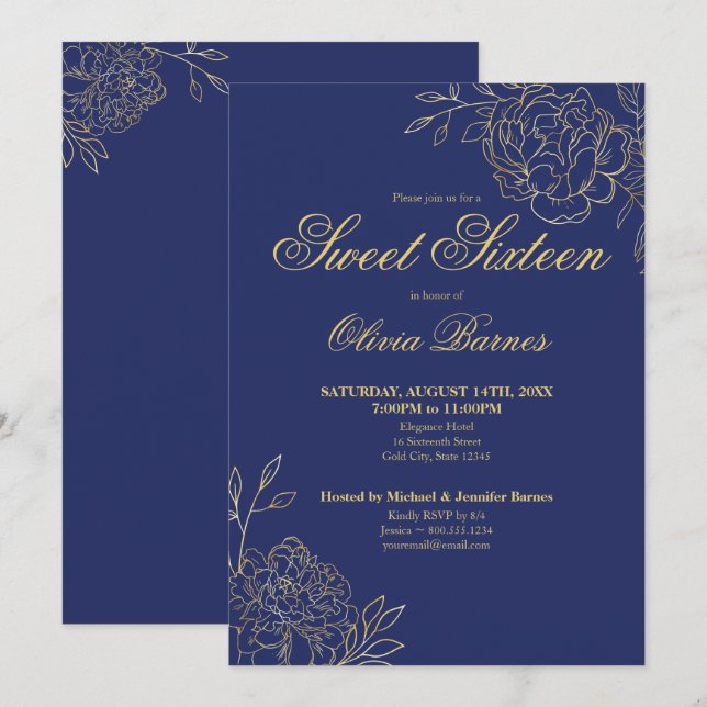 Sweet 16 Blue and Gold Line Art Flowers Floral Invitation (Front/Back)