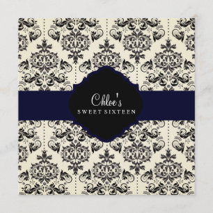 Sweet 16 Blue & Black Damask Invitation