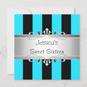 Sweet 16 Blue Black Stripes Silver Jewel Party Invitation