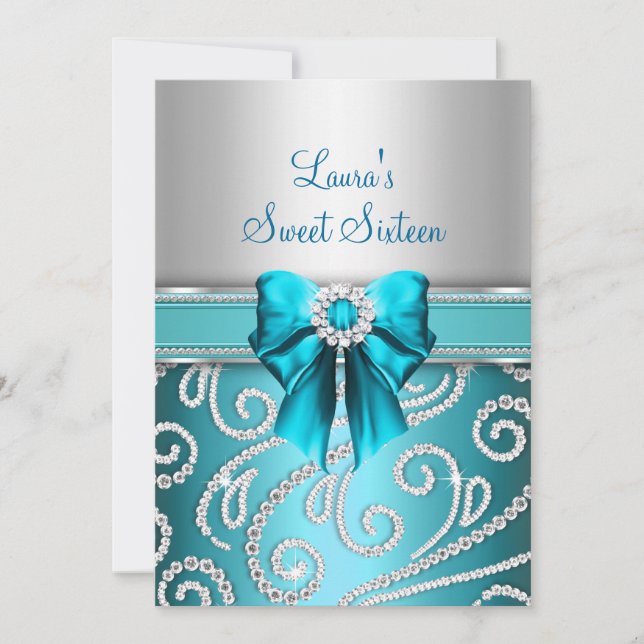 Sweet 16 Blue Bow & Sparkle Diamond Announcements (Front)