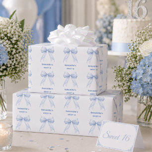 Sweet 16 blue bow white wrapping paper sheet