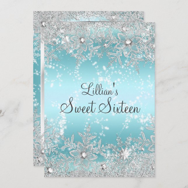 Sweet 16 Blue Diamond Snowflake Winter Wonderland Invitation (Front/Back)