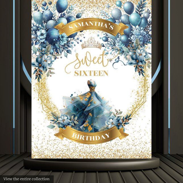 Sweet 16 Blue Dress Watercolor Gold Glitter  Tapestry (Sweet 16 Blue Dress Watercolor Gold Glitter Tapestry)