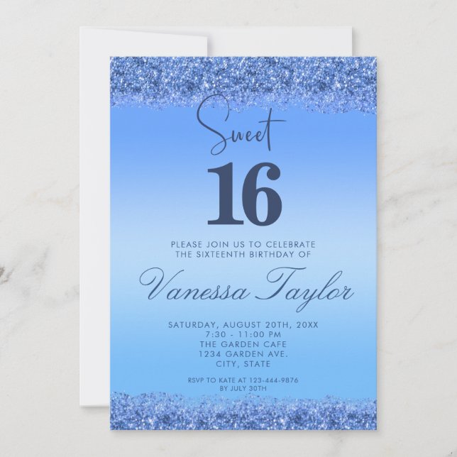 Sweet 16 Blue Faux Glitter Birthday Invitation (Front)