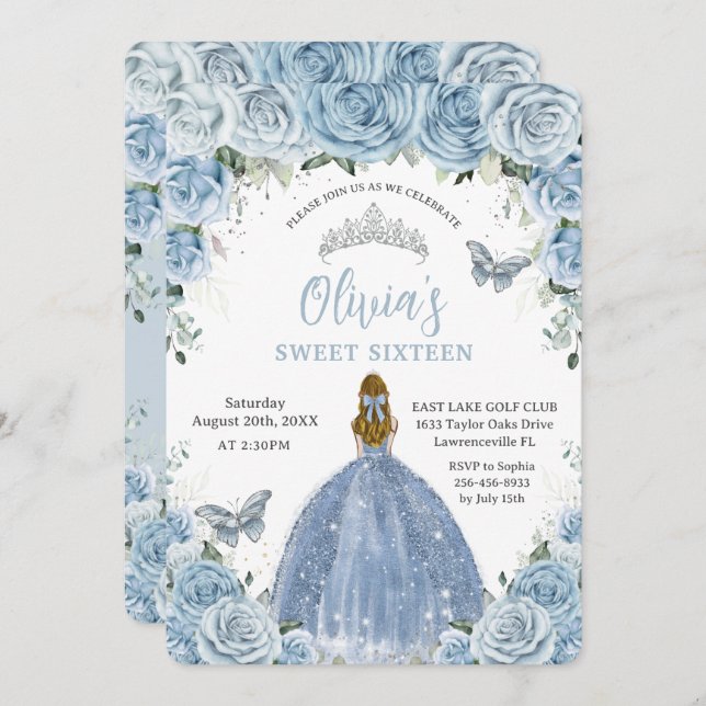 Sweet 16 Blue Floral Silver Butterflies Blonde Invitation (Front/Back)