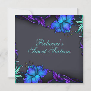 Sweet 16 Blue Flower Burst Design Birthday Invite