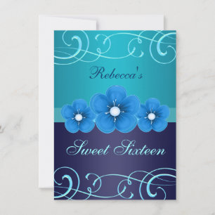 Sweet 16 Blue Flower & Tiara Birthday Invite
