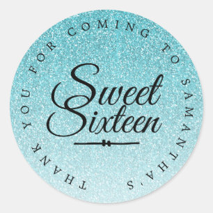 Sweet 16 Blue Glitter Ombre Thank You Custom Name Classic Round Sticker