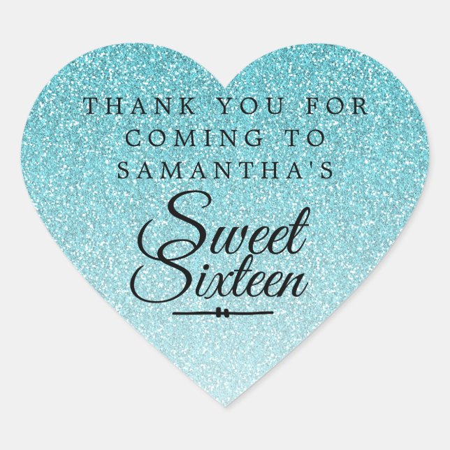 Sweet 16 Blue Glitter Ombre Thank You Custom Name Heart Sticker (Front)