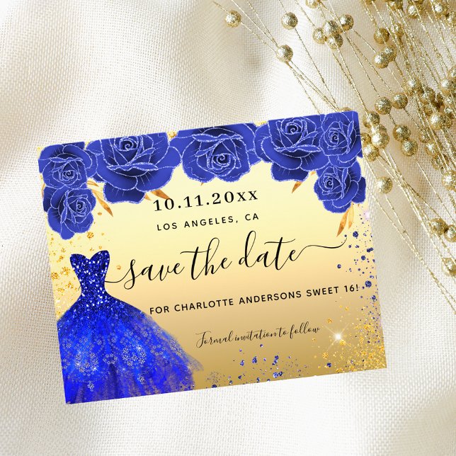 Sweet 16 blue gold dress budget save the date flyer (Creator Uploaded)