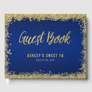 Sweet 16 Blue Gold Glitter Birthday Guest Book
