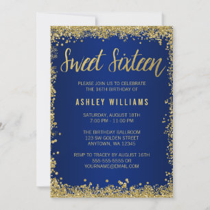 Sweet 16 Blue Gold Glitter Birthday Invitation
