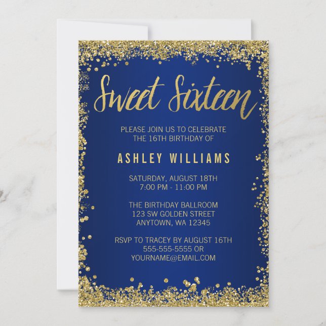 Sweet 16 Blue Gold Glitter Birthday Invitation (Front)