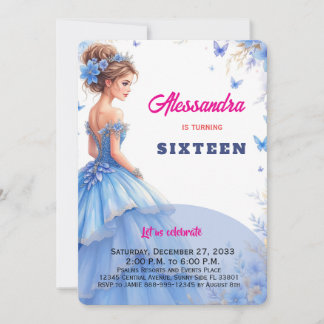 Sweet 16 Blue Gown Floral Budget Girl's Birthday Invitation