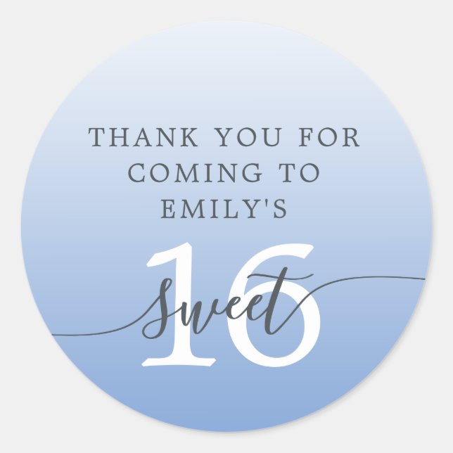 Sweet 16 Blue Ombre Thank You Custom Name  Classic Round Sticker (Front)