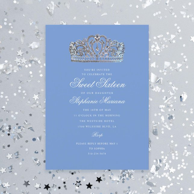 Sweet 16 Blue Princess Crown Milestone Birthday Invitation (Creator Uploaded)