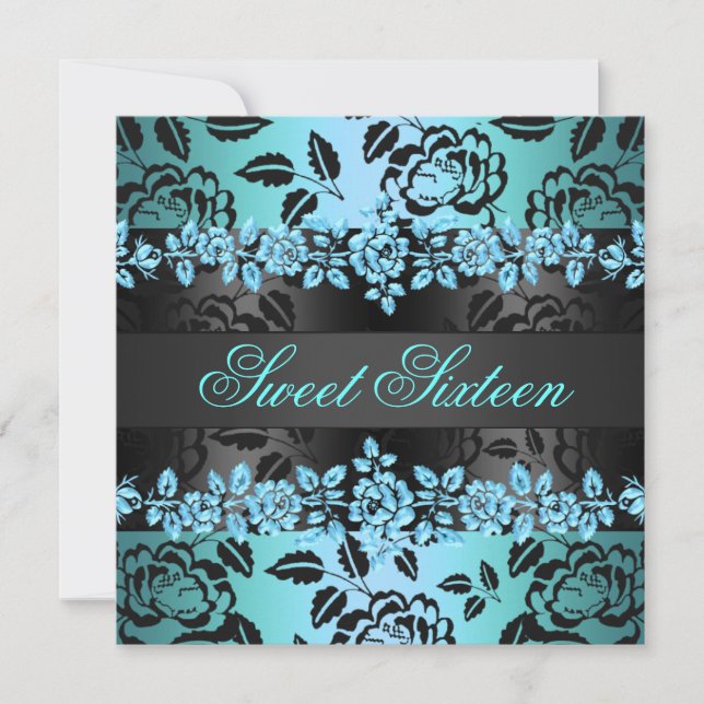 Sweet 16 Blue Rose Design Birthday Invitation (Front)
