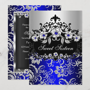 Sweet 16 Blue Silver Black Floral Jewel Party Invitation