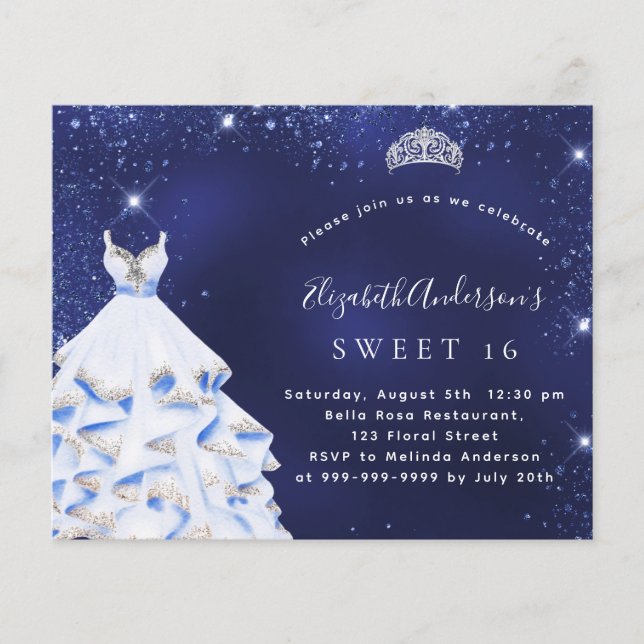 Sweet 16 blue silver dress budget invitation flyer (Front)